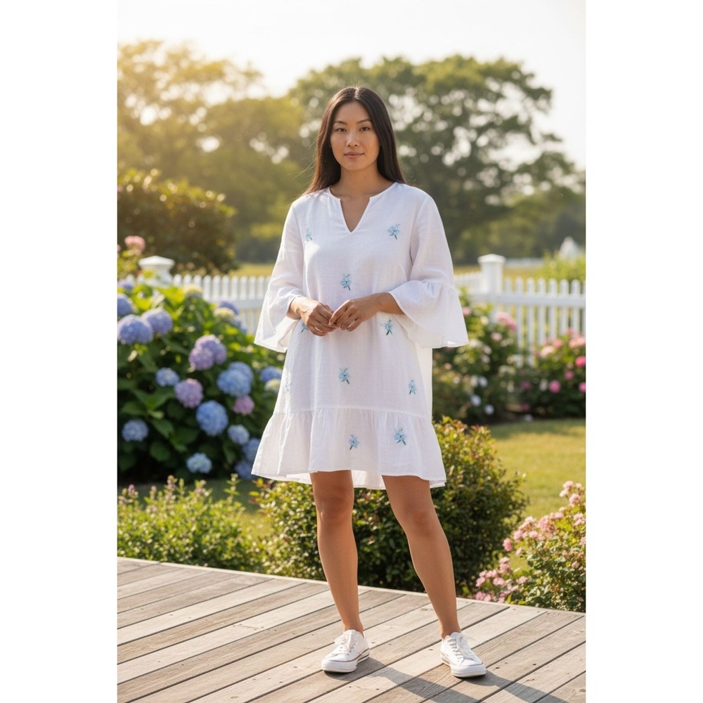 Fanm Mon Women Floral $269 Embroidery Mini Dress  M 100% Linen‎ Andie The Serik
